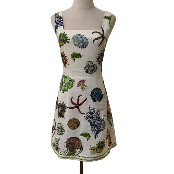 ALEMAIS + Sam Pauletto Sea printed linen mini dress US 2 - Picture 5 of 12